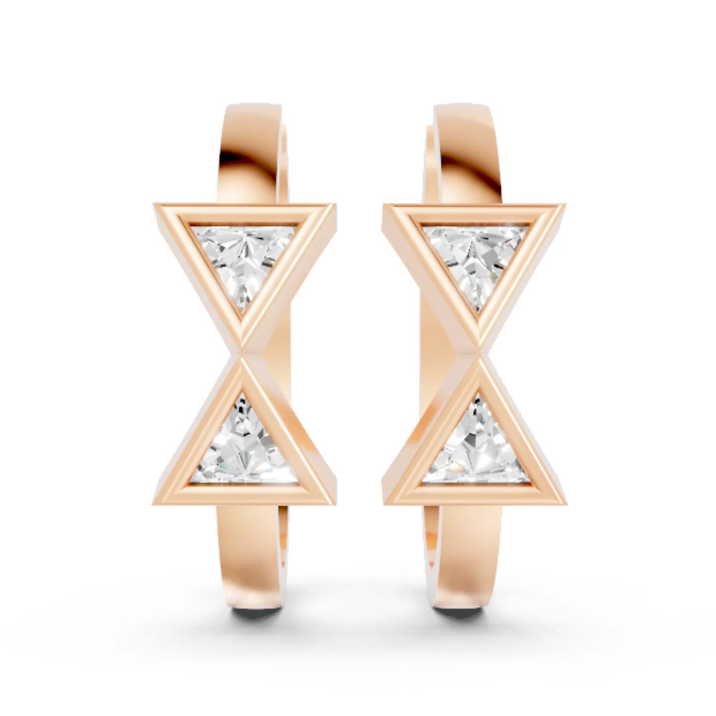 14K Gold Triangle Cut Twin Diamond Minimalist Bezel Hoop Earring