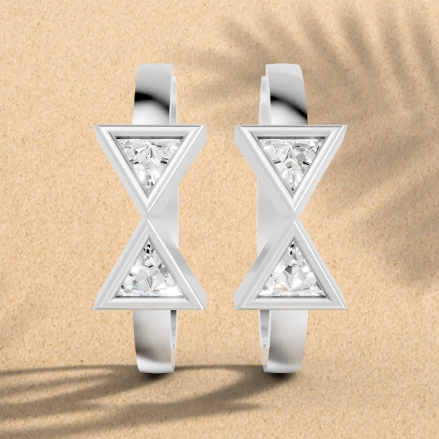 14K Gold Triangle Cut Twin Diamond Minimalist Bezel Hoop Earring
