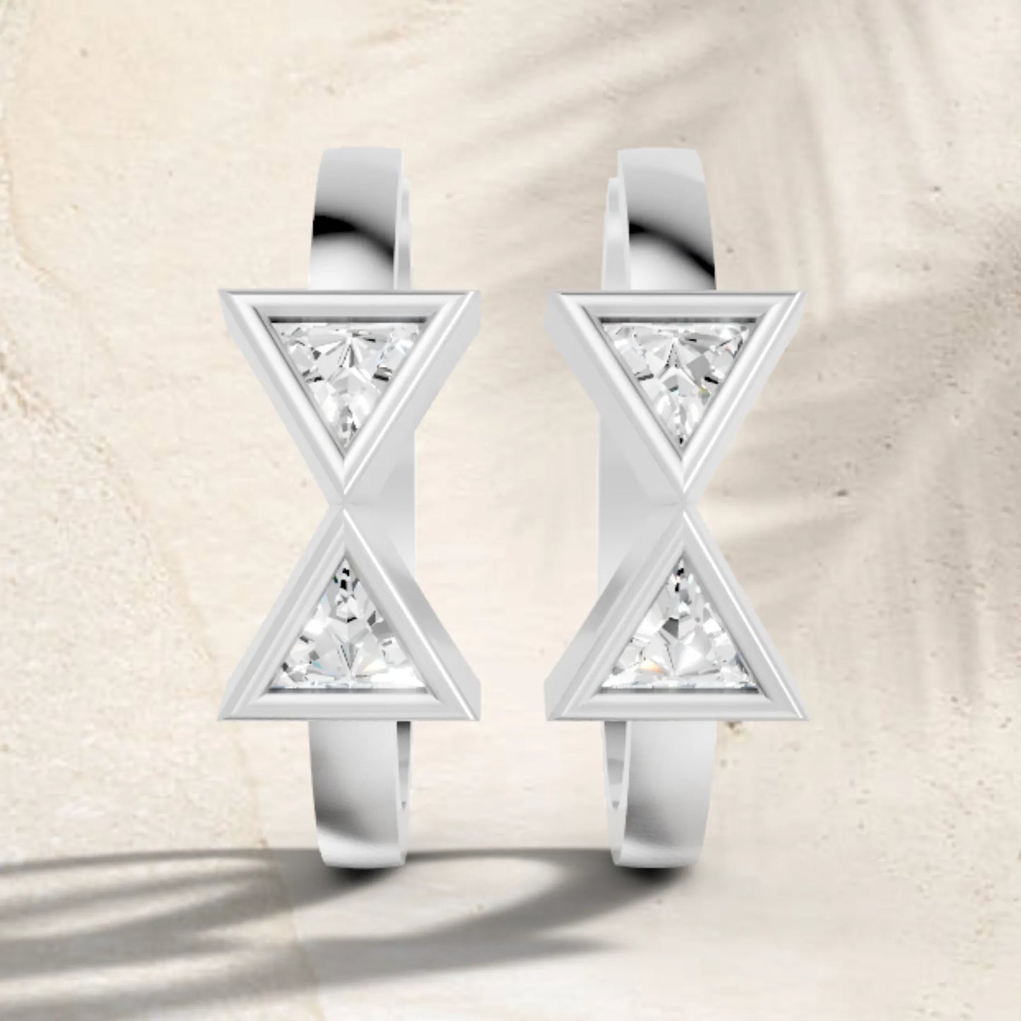14K Gold Triangle Cut Twin Diamond Minimalist Bezel Hoop Earring
