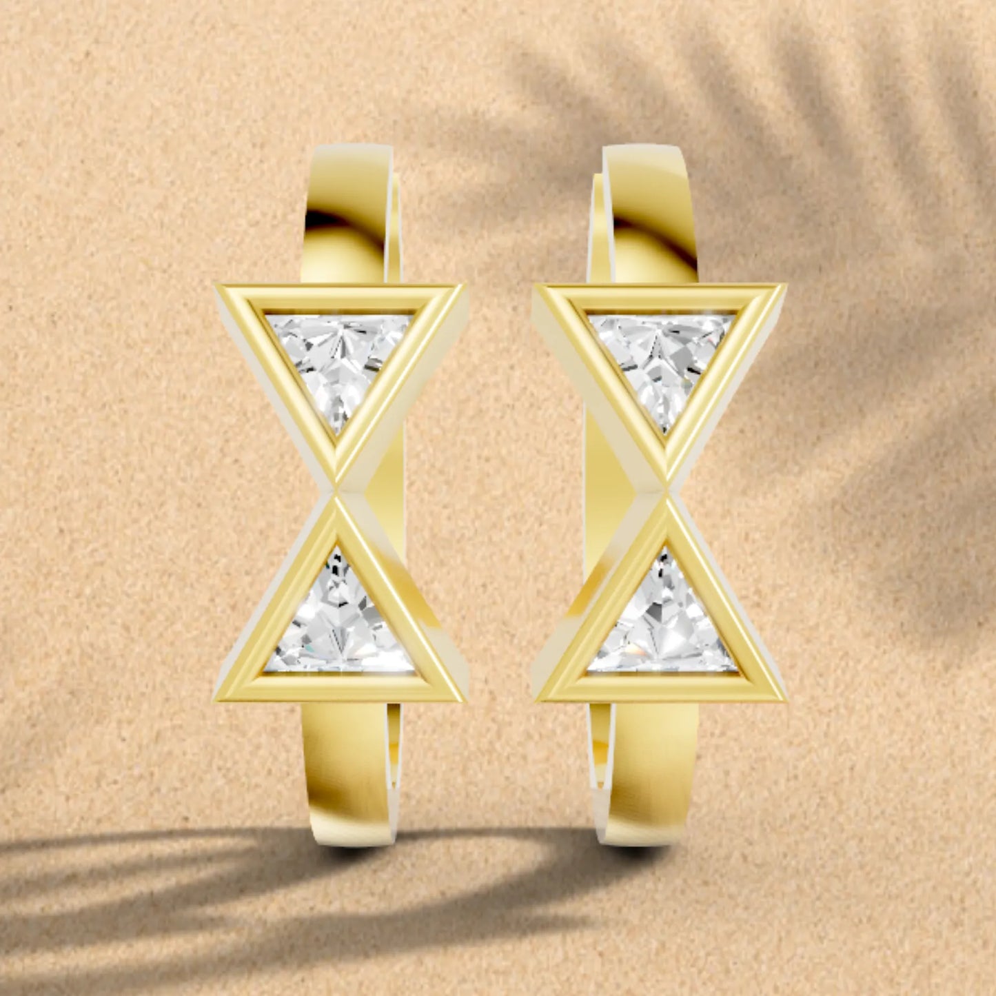 14K Gold Triangle Cut Twin Diamond Minimalist Bezel Hoop Earring