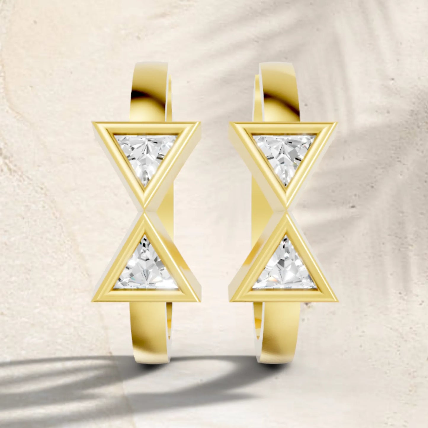 14K Gold Triangle Cut Twin Diamond Minimalist Bezel Hoop Earring