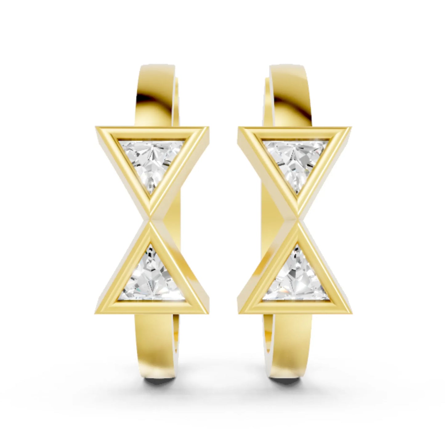 14K Gold Triangle Cut Twin Diamond Minimalist Bezel Hoop Earring