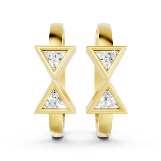 14K Gold Triangle Cut Twin Diamond Minimalist Bezel Hoop Earring
