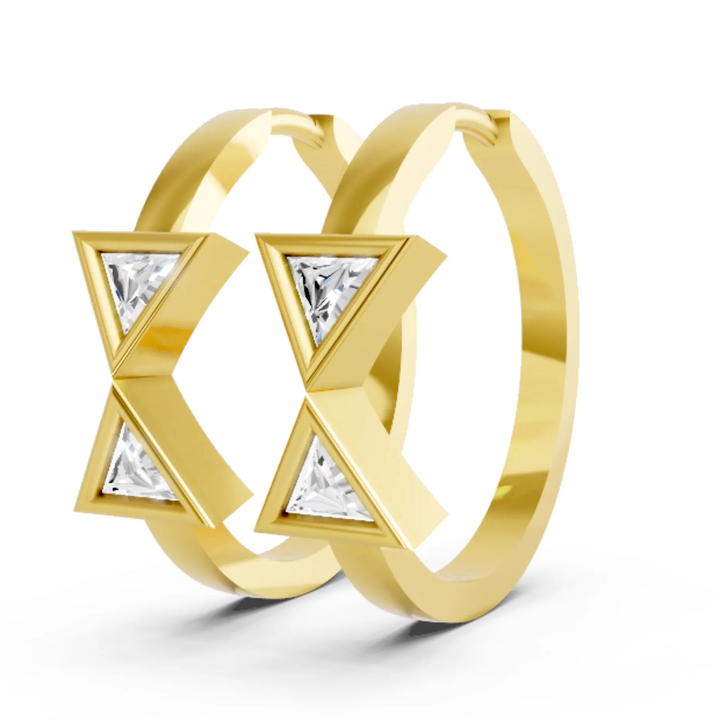 14K Gold Triangle Cut Twin Diamond Minimalist Bezel Hoop Earring
