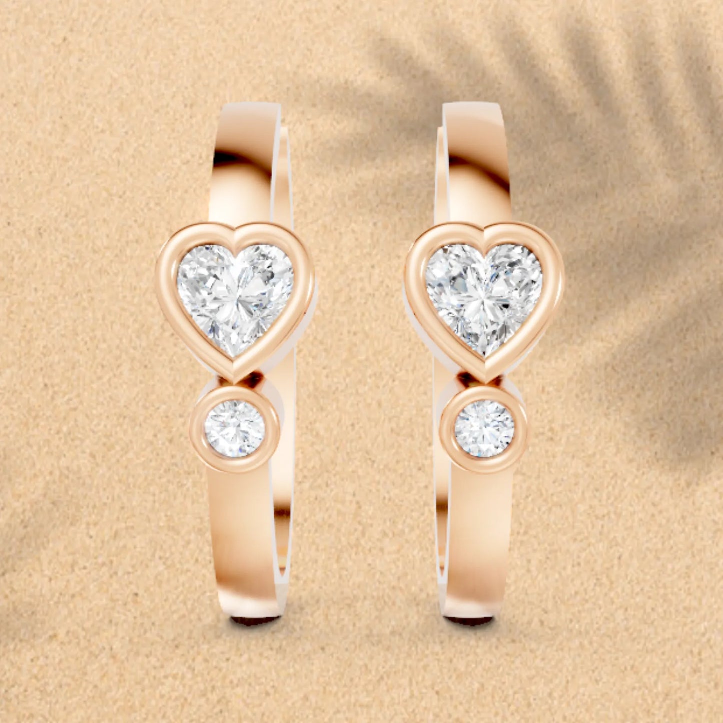 14K Gold Round & Heart Cut Diamond Dual bezel Hoop Earring
