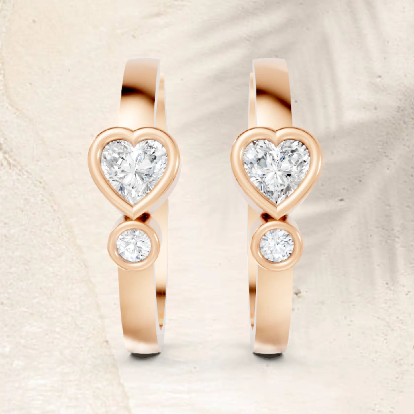 14K Gold Round & Heart Cut Diamond Dual bezel Hoop Earring