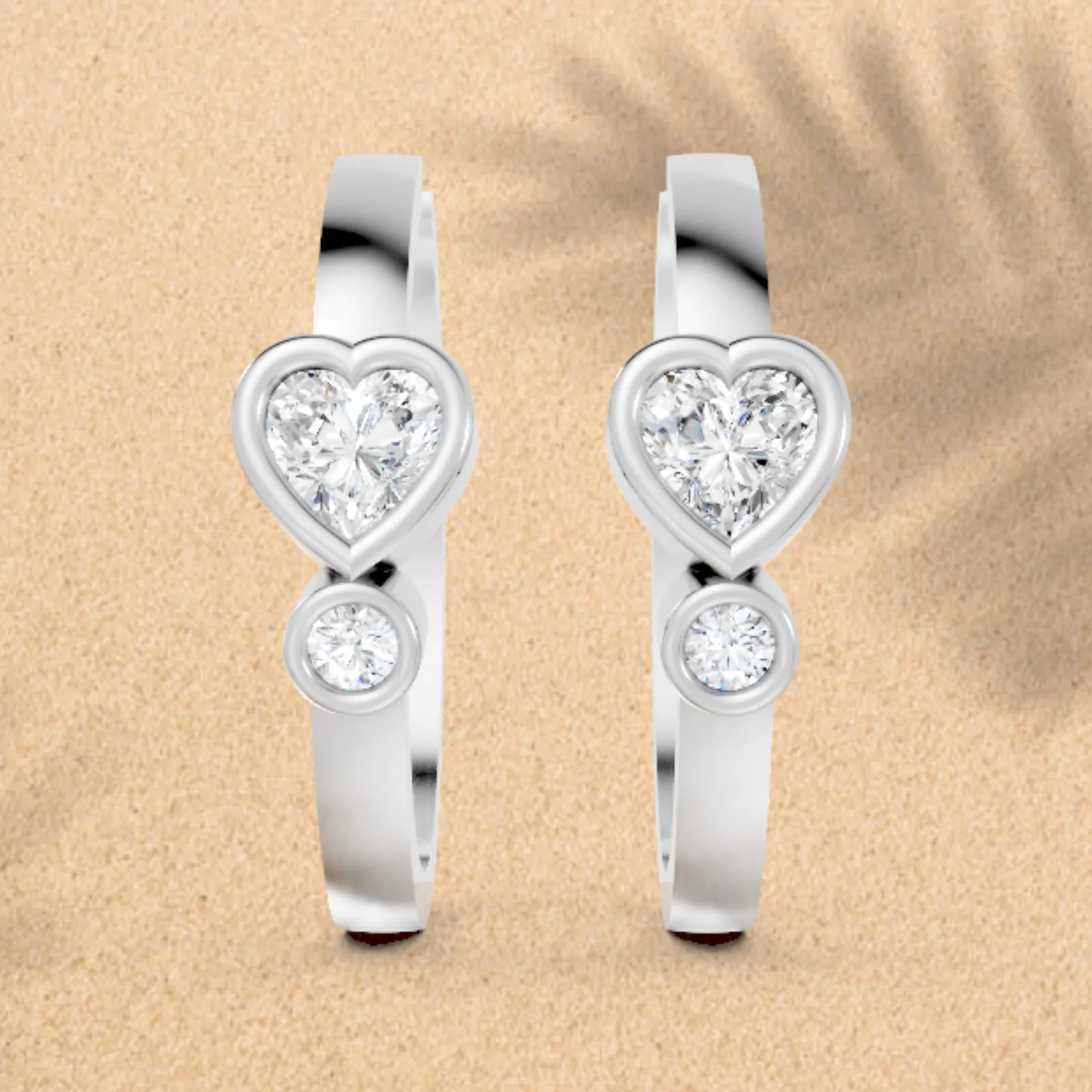 14K Gold Round & Heart Cut Diamond Dual bezel Hoop Earring