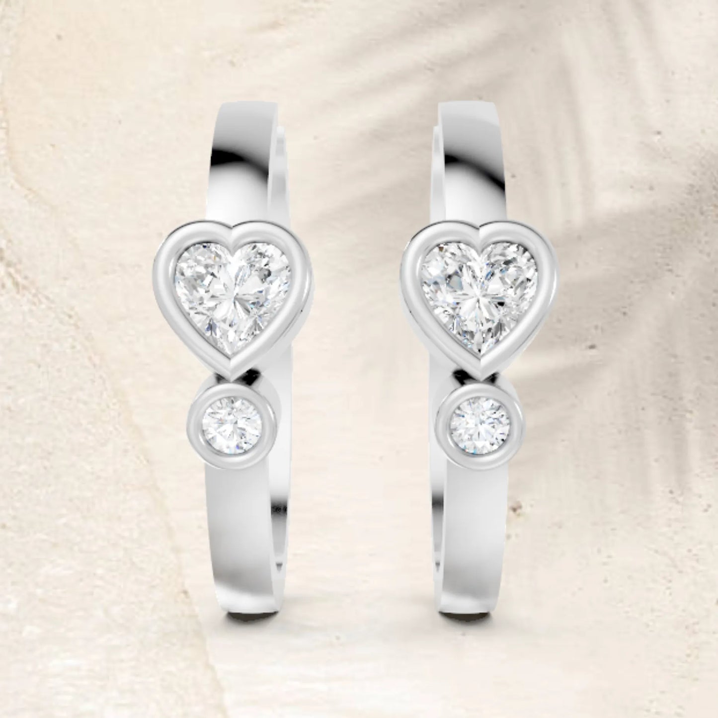 14K Gold Round & Heart Cut Diamond Dual bezel Hoop Earring