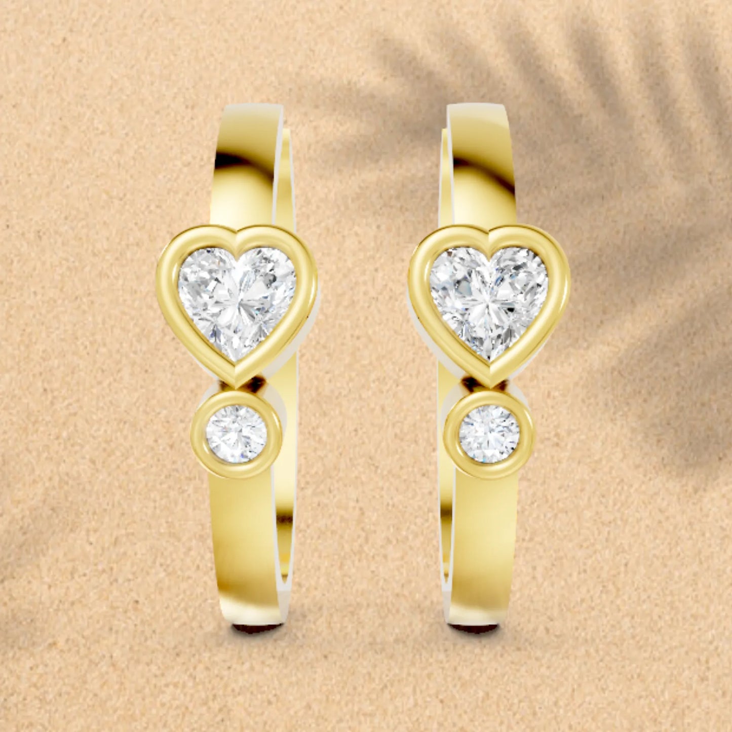 14K Gold Round & Heart Cut Diamond Dual bezel Hoop Earring