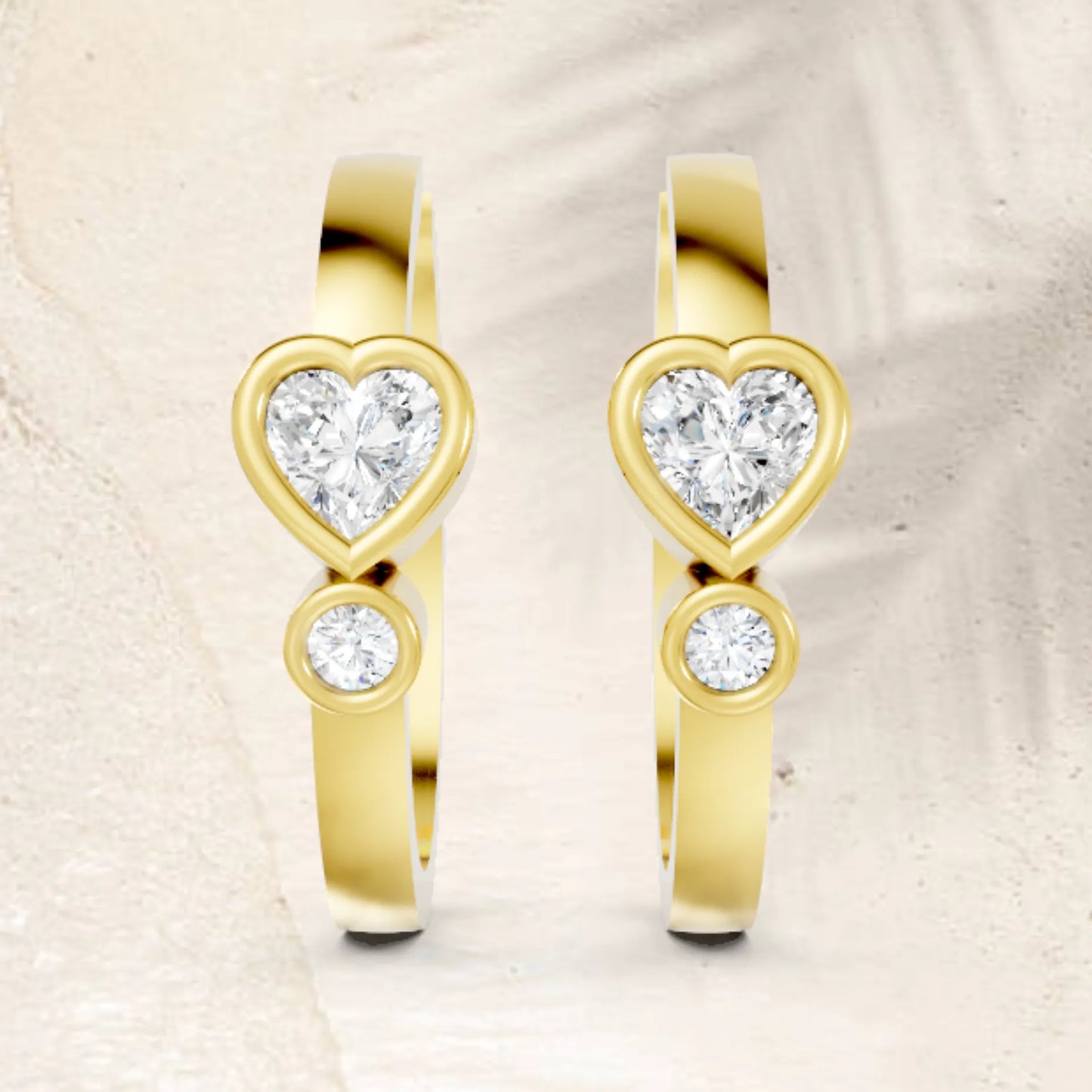 14K Gold Round & Heart Cut Diamond Dual bezel Hoop Earring