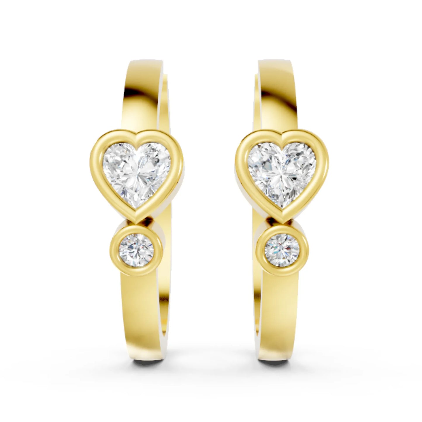 14K Gold Round & Heart Cut Diamond Dual bezel Hoop Earring