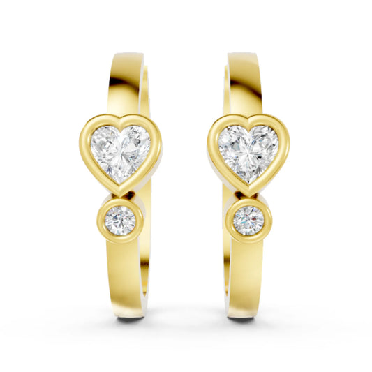 14K Gold Round & Heart Cut Diamond Dual bezel Hoop Earring