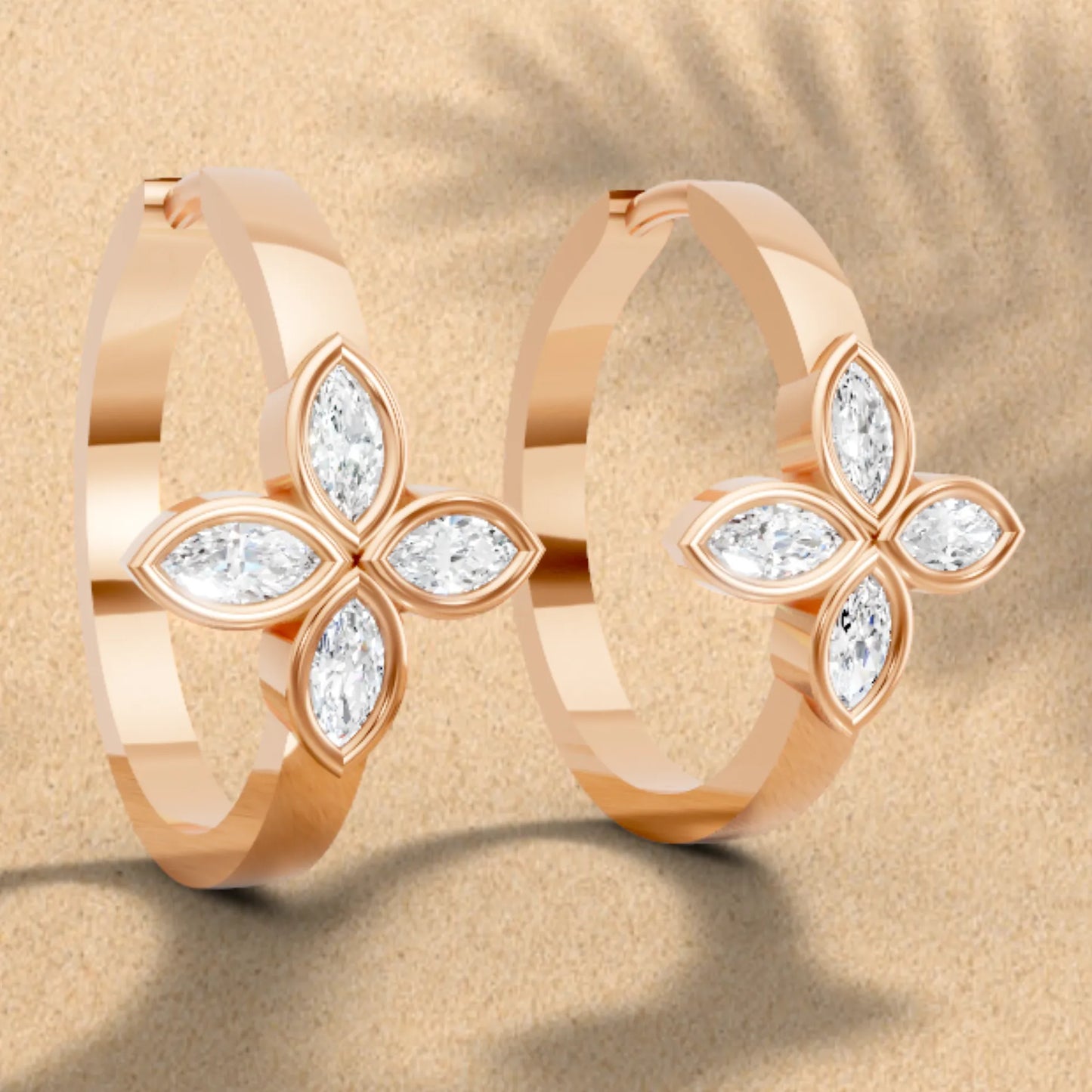 14K Gold Marquise Cut Twin Diamond Floral Bezel Hoop Earring
