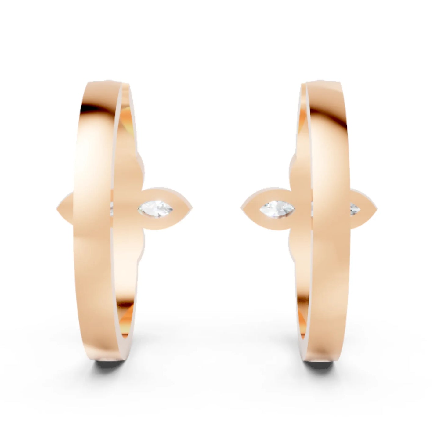 14K Gold Marquise Cut Twin Diamond Floral Bezel Hoop Earring