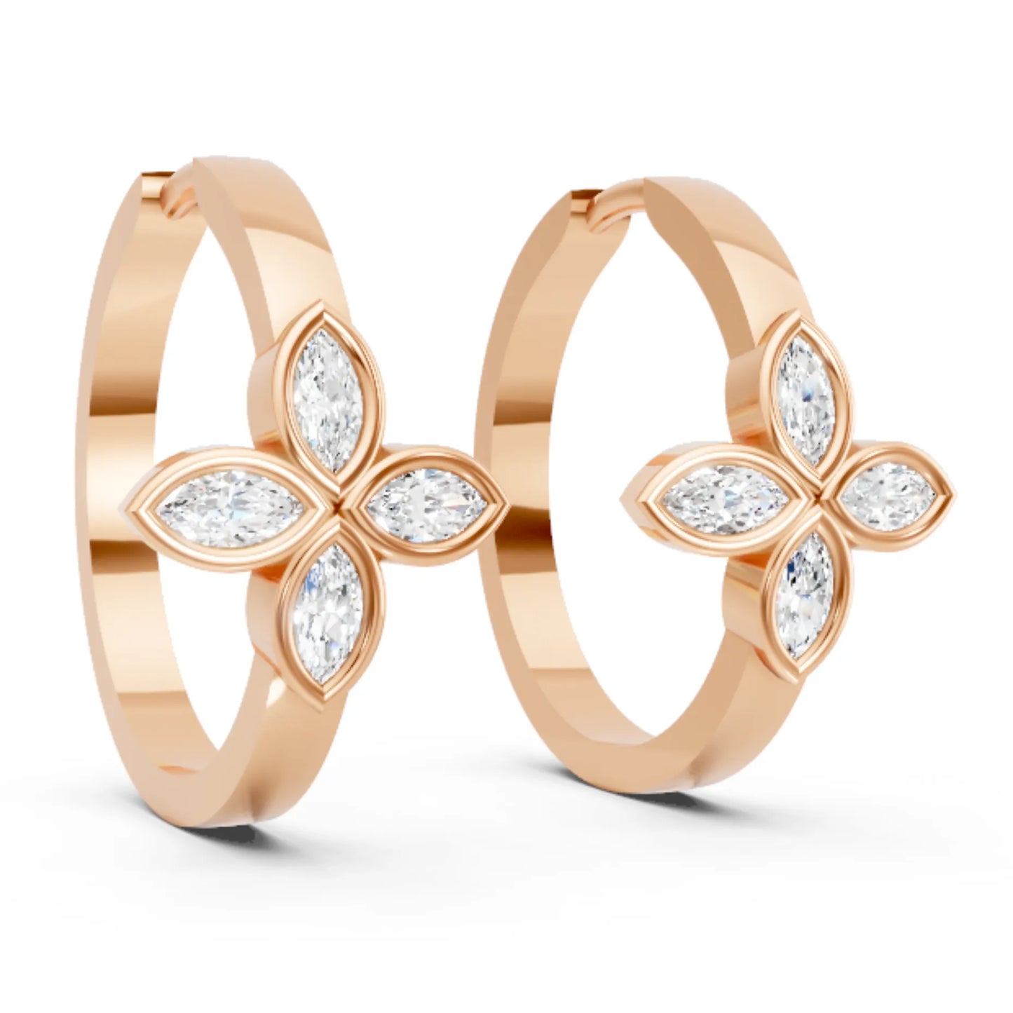 14K Gold Marquise Cut Twin Diamond Floral Bezel Hoop Earring