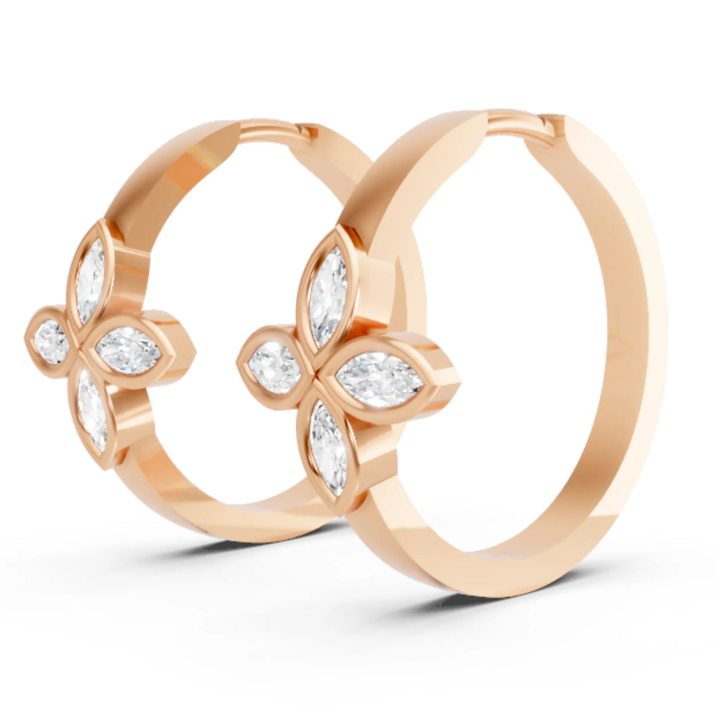 14K Gold Marquise Cut Twin Diamond Floral Bezel Hoop Earring