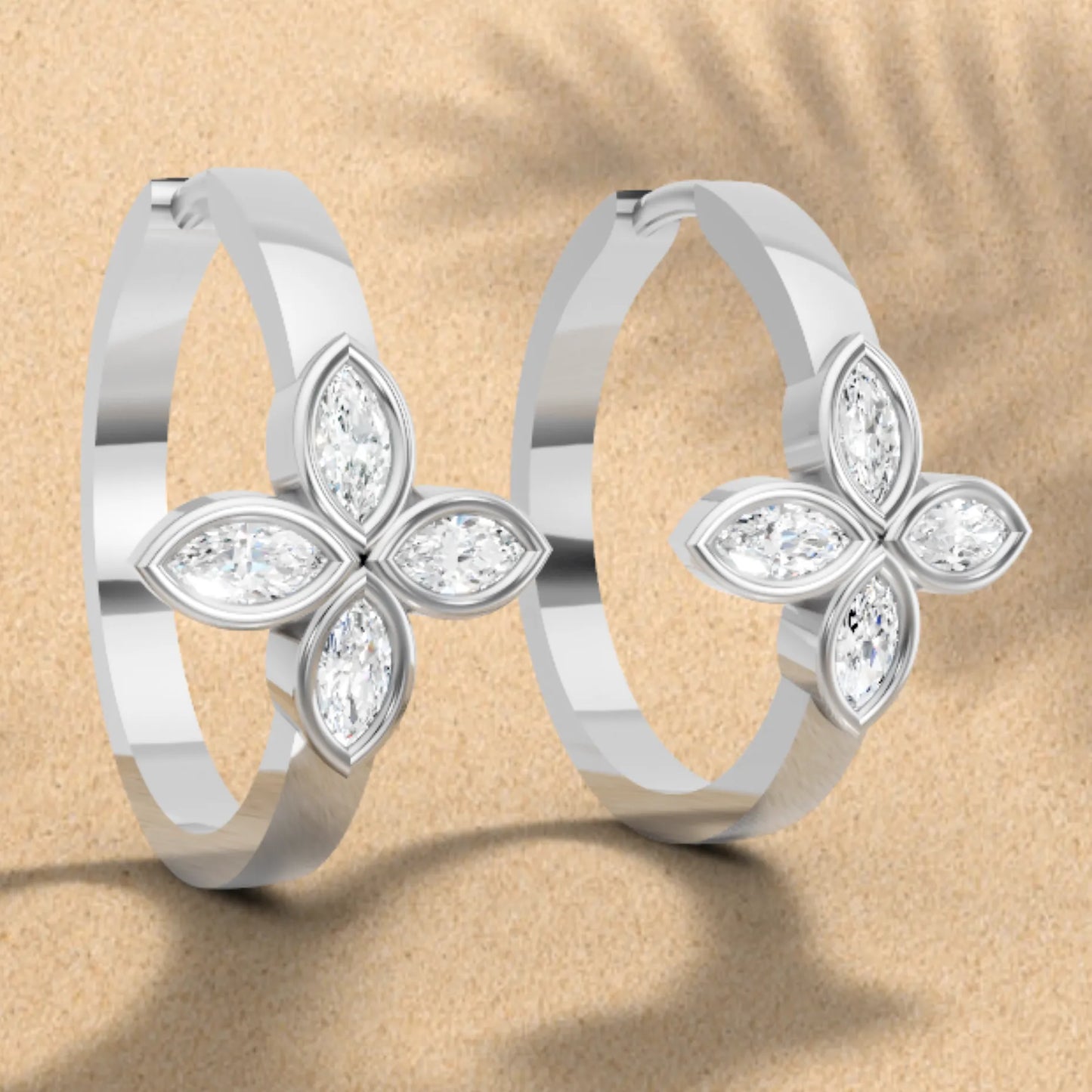 14K Gold Marquise Cut Twin Diamond Floral Bezel Hoop Earring