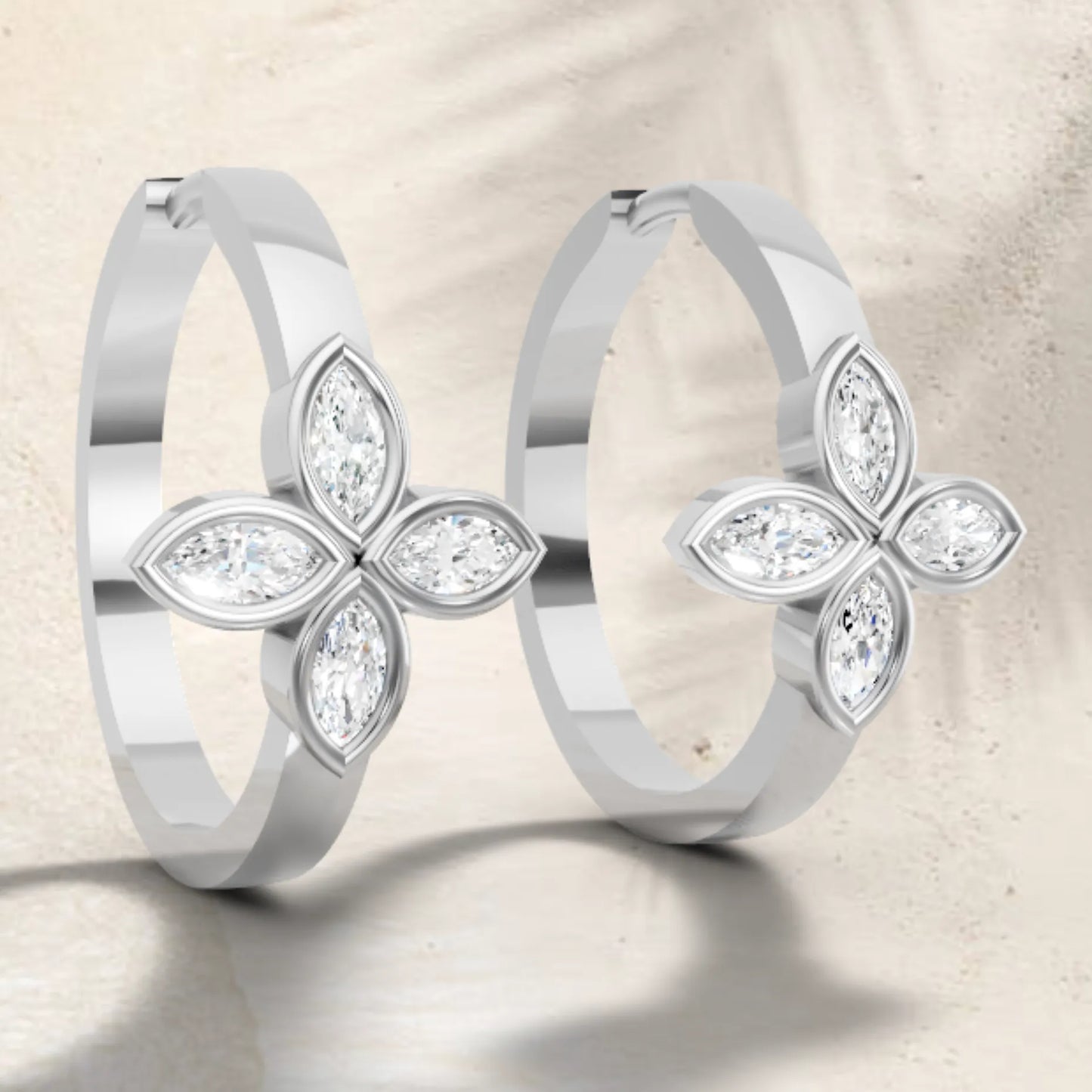 14K Gold Marquise Cut Twin Diamond Floral Bezel Hoop Earring