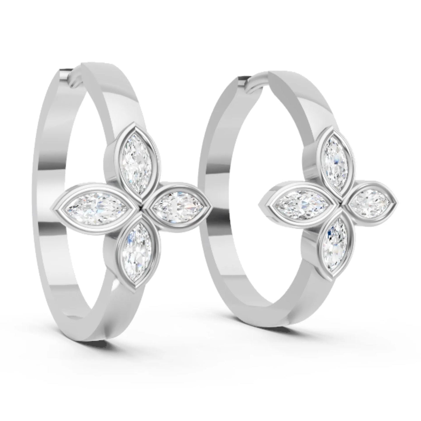 14K Gold Marquise Cut Twin Diamond Floral Bezel Hoop Earring