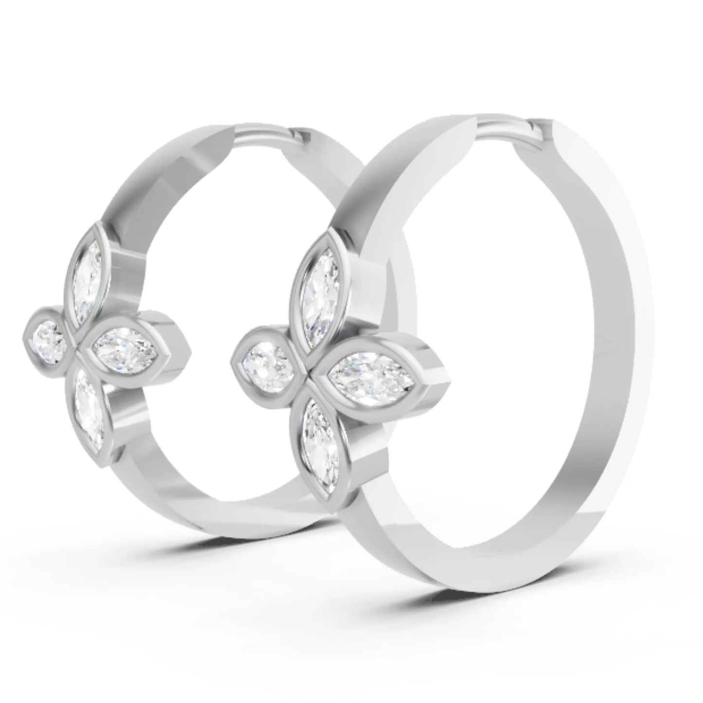 14K Gold Marquise Cut Twin Diamond Floral Bezel Hoop Earring