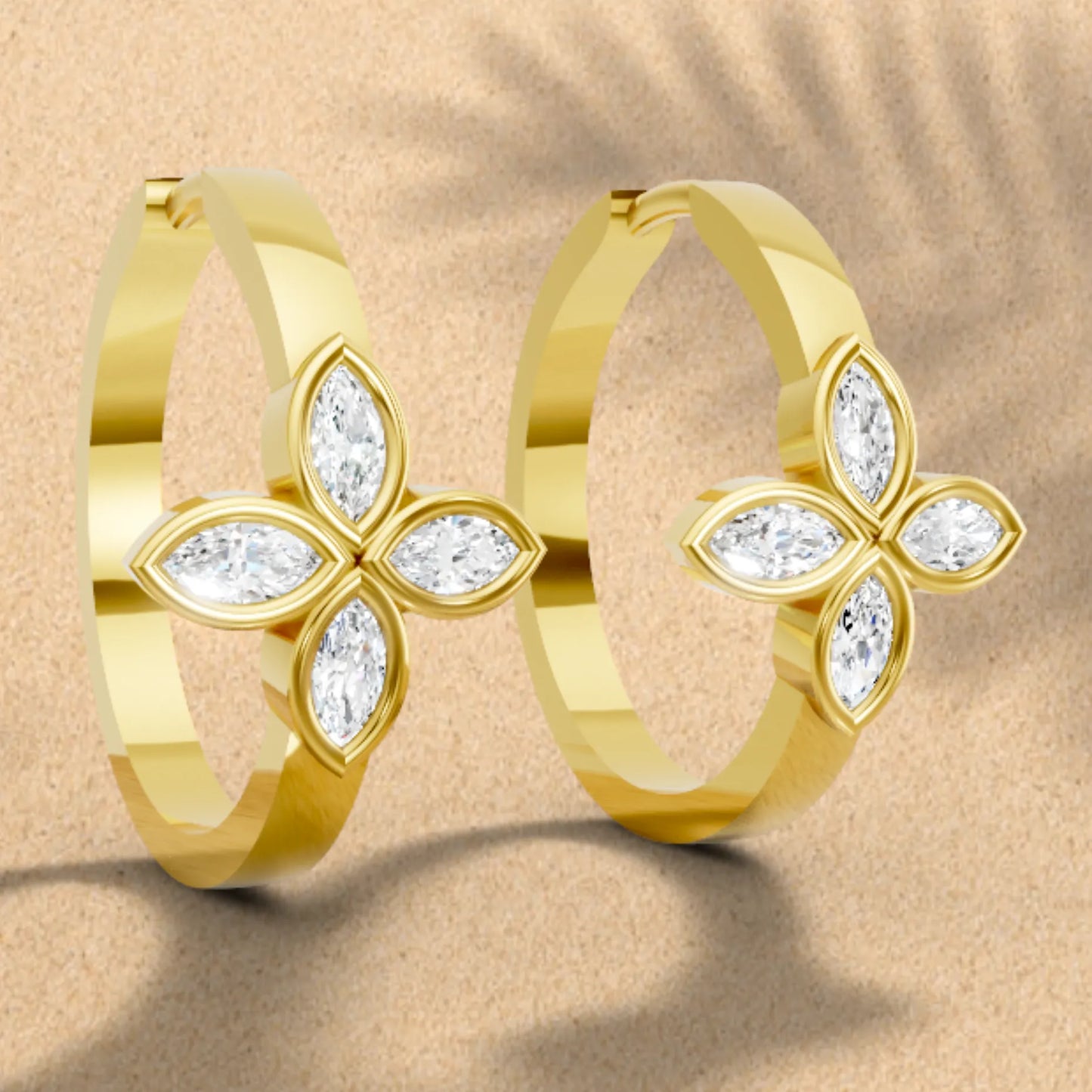 14K Gold Marquise Cut Twin Diamond Floral Bezel Hoop Earring