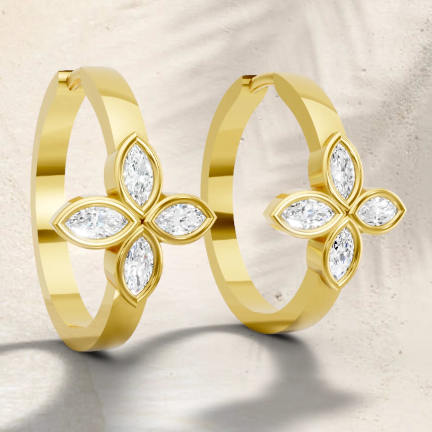 14K Gold Marquise Cut Twin Diamond Floral Bezel Hoop Earring