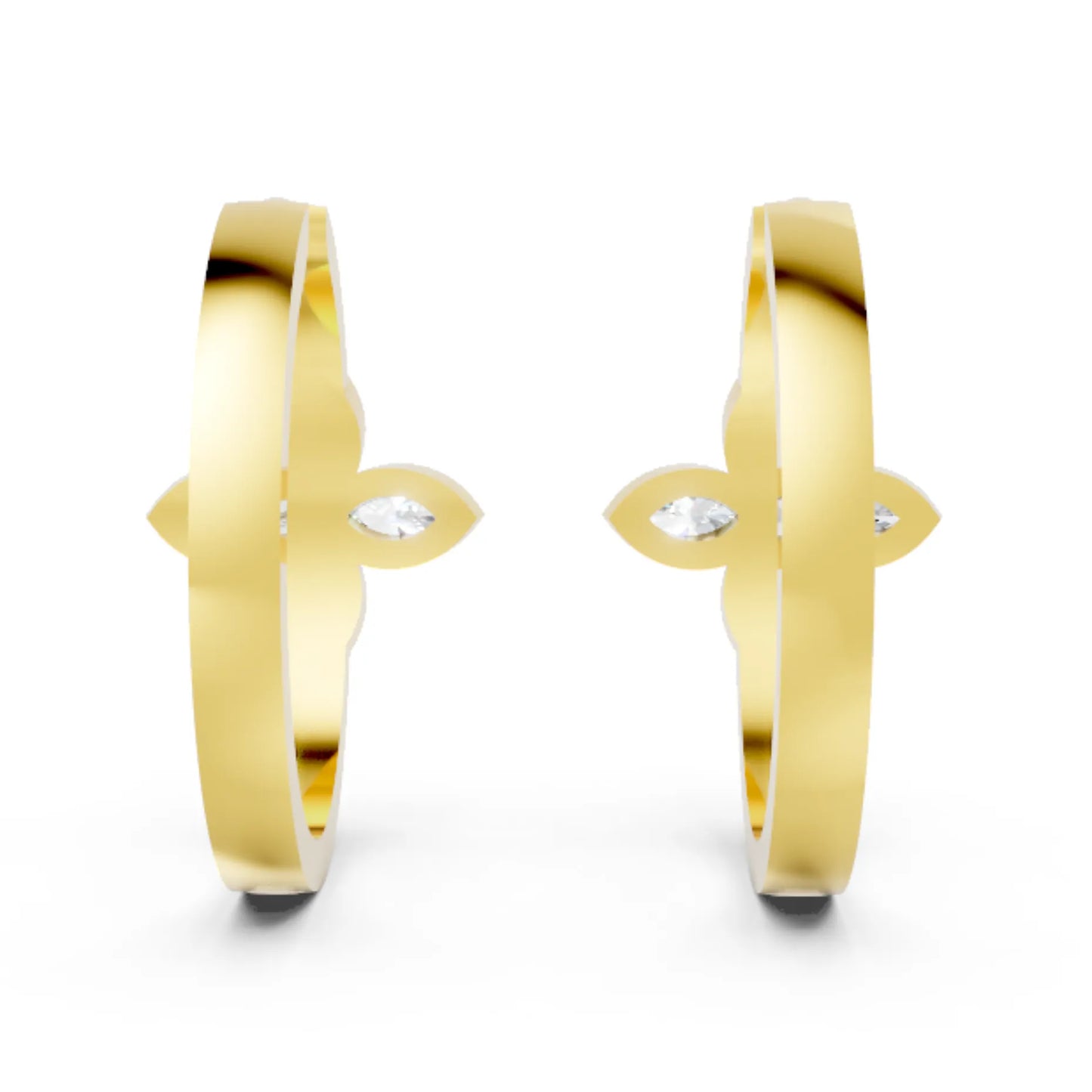 14K Gold Marquise Cut Twin Diamond Floral Bezel Hoop Earring
