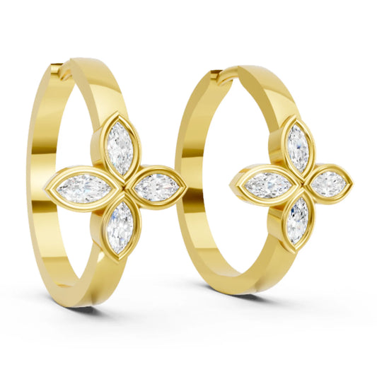 14K Gold Marquise Cut Twin Diamond Floral Bezel Hoop Earring
