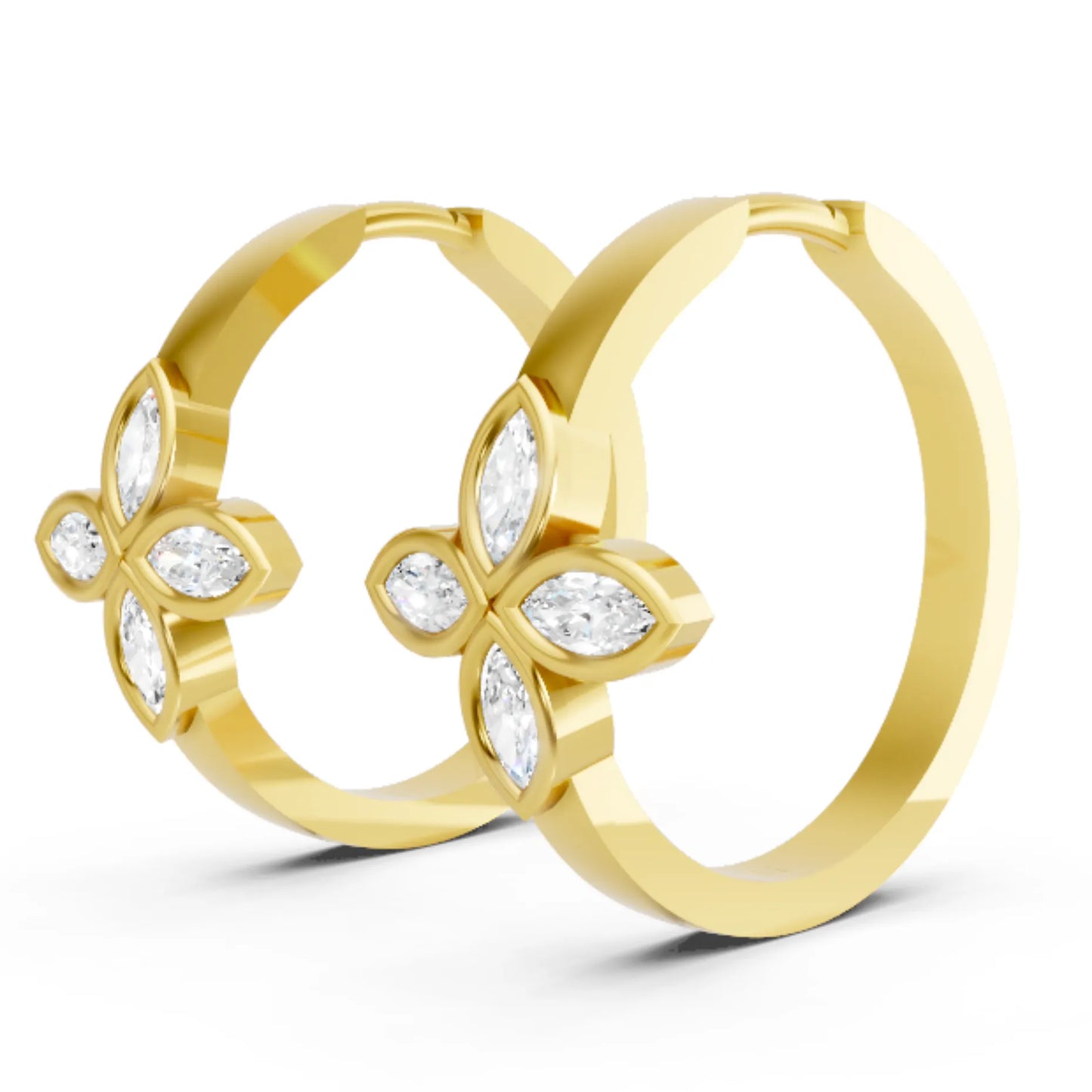 14K Gold Marquise Cut Twin Diamond Floral Bezel Hoop Earring