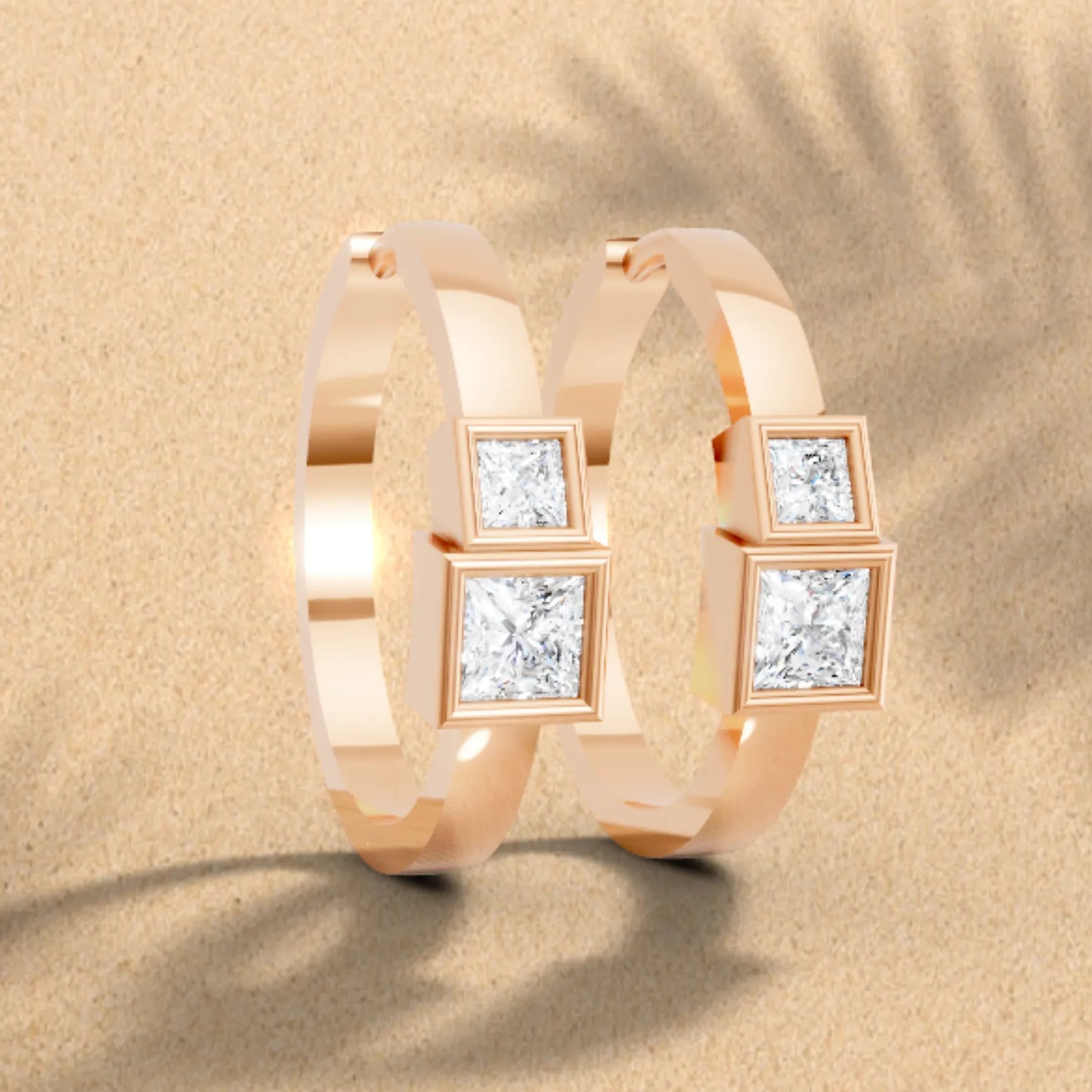 14K Gold Princess Cut Twin Diamond Minimalist Bezel Hoop Earring