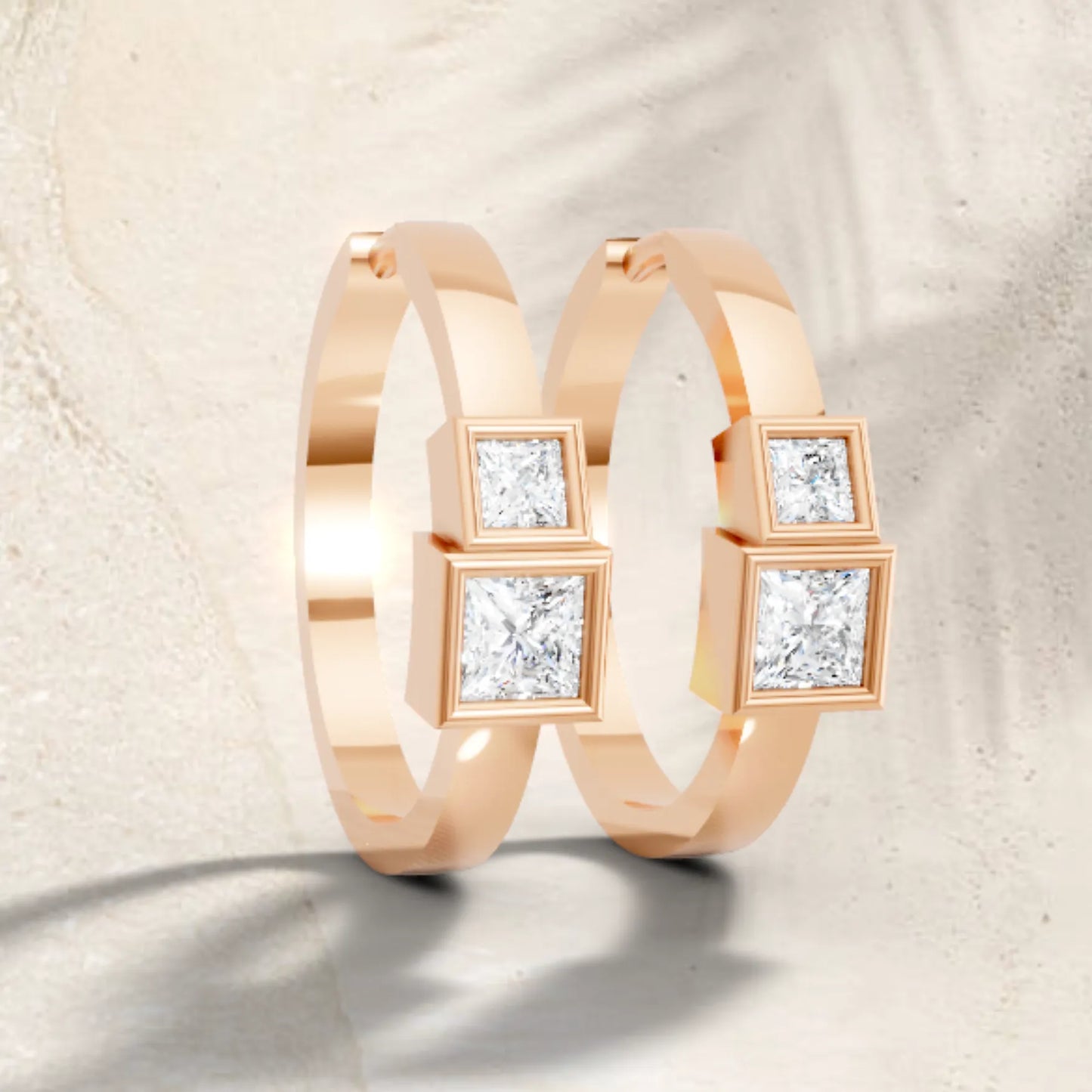 14K Gold Princess Cut Twin Diamond Minimalist Bezel Hoop Earring