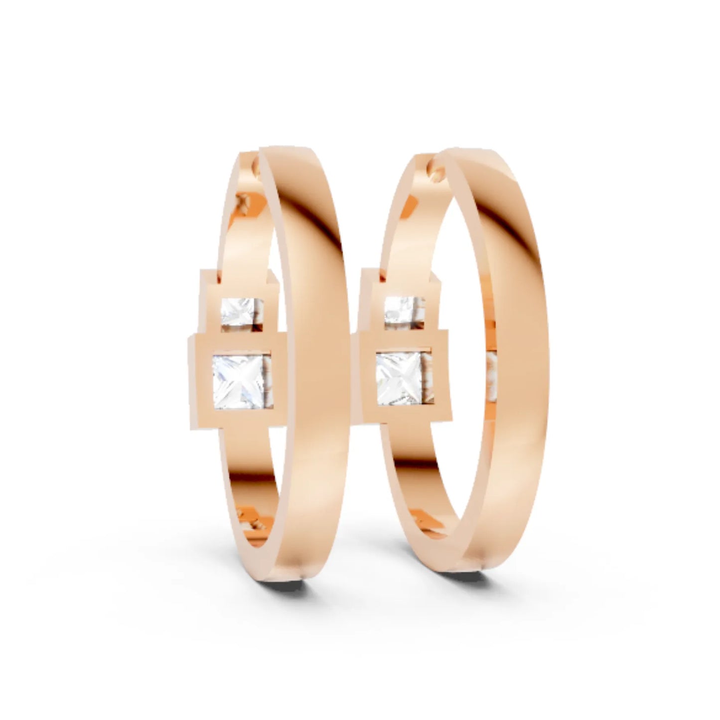 14K Gold Princess Cut Twin Diamond Minimalist Bezel Hoop Earring