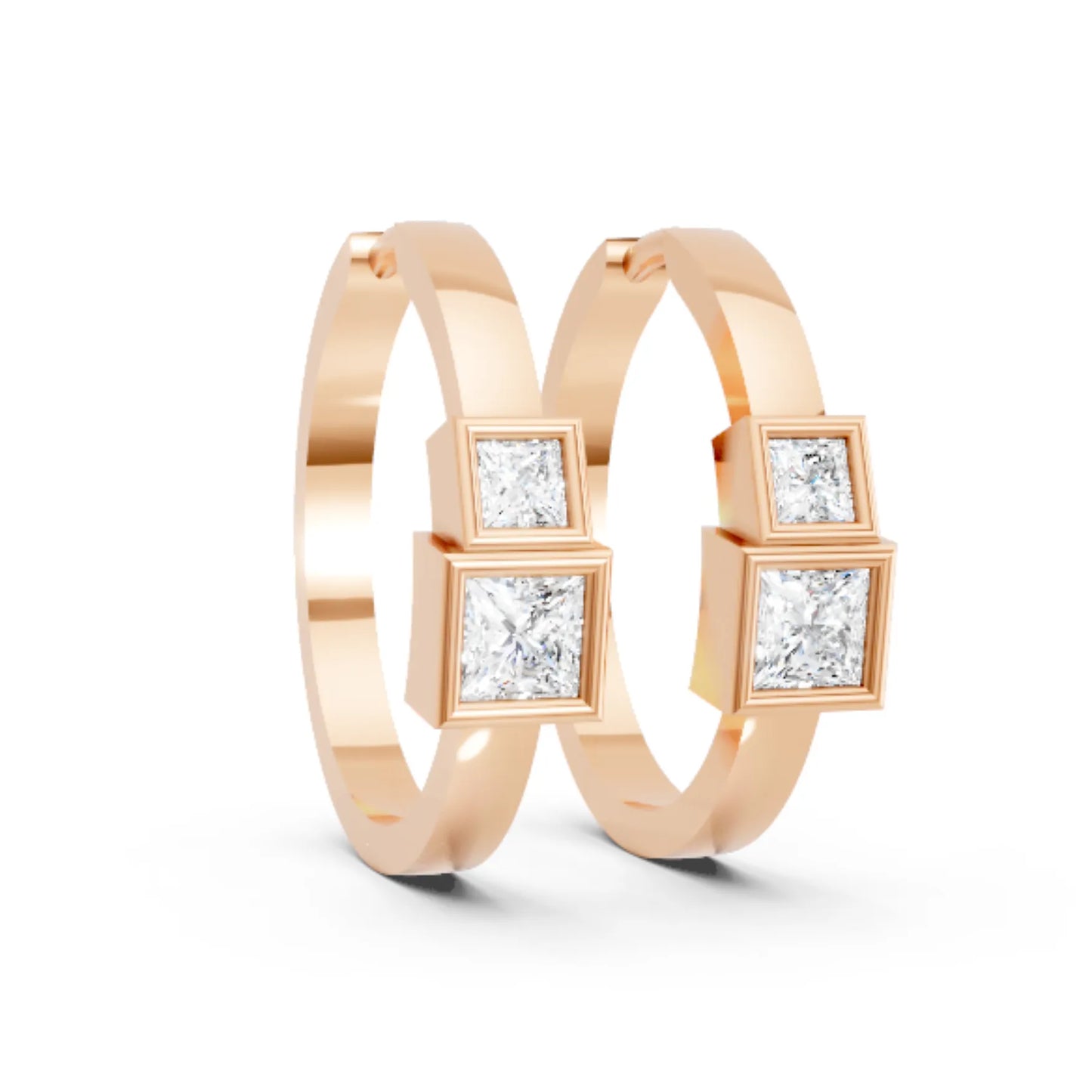 14K Gold Princess Cut Twin Diamond Minimalist Bezel Hoop Earring