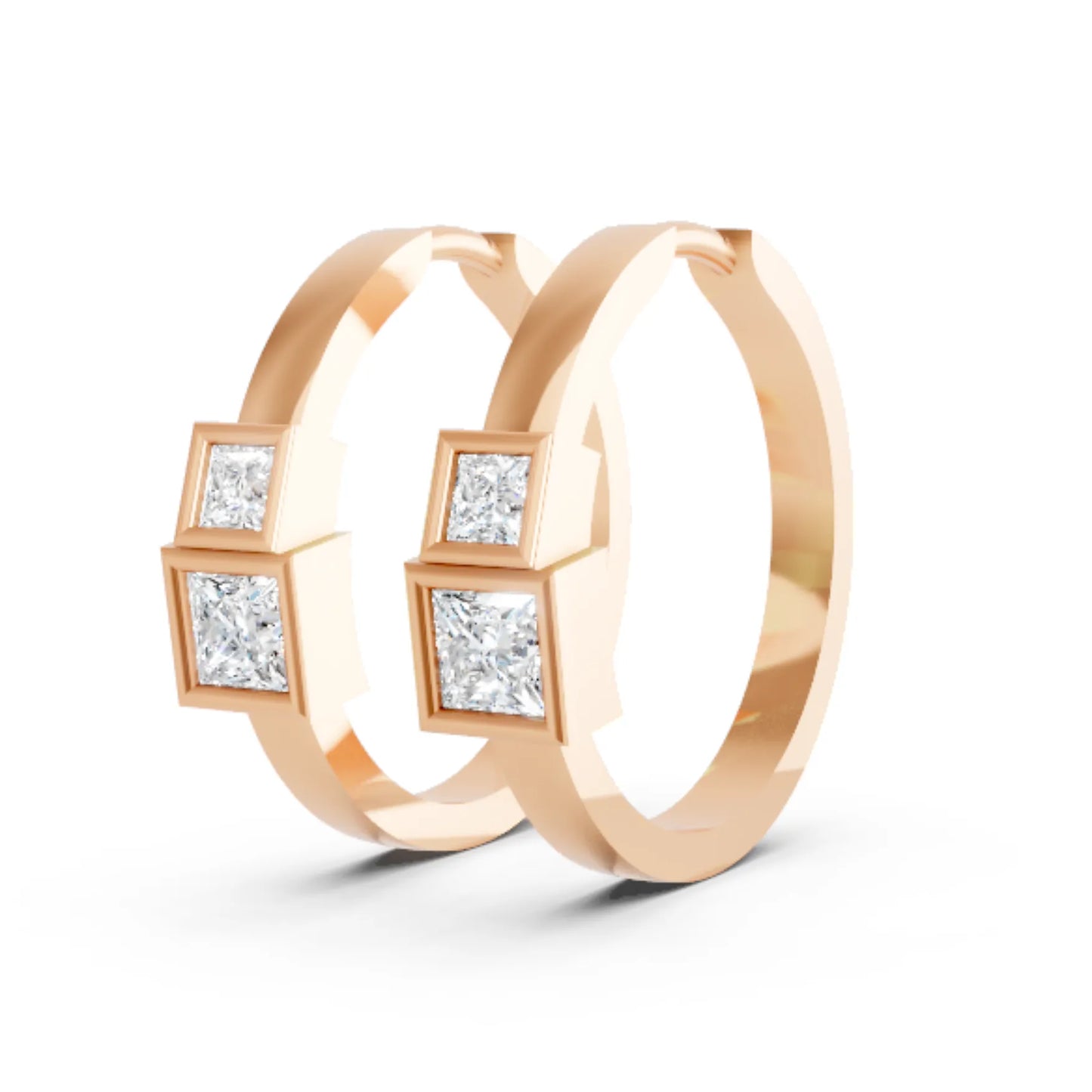 14K Gold Princess Cut Twin Diamond Minimalist Bezel Hoop Earring