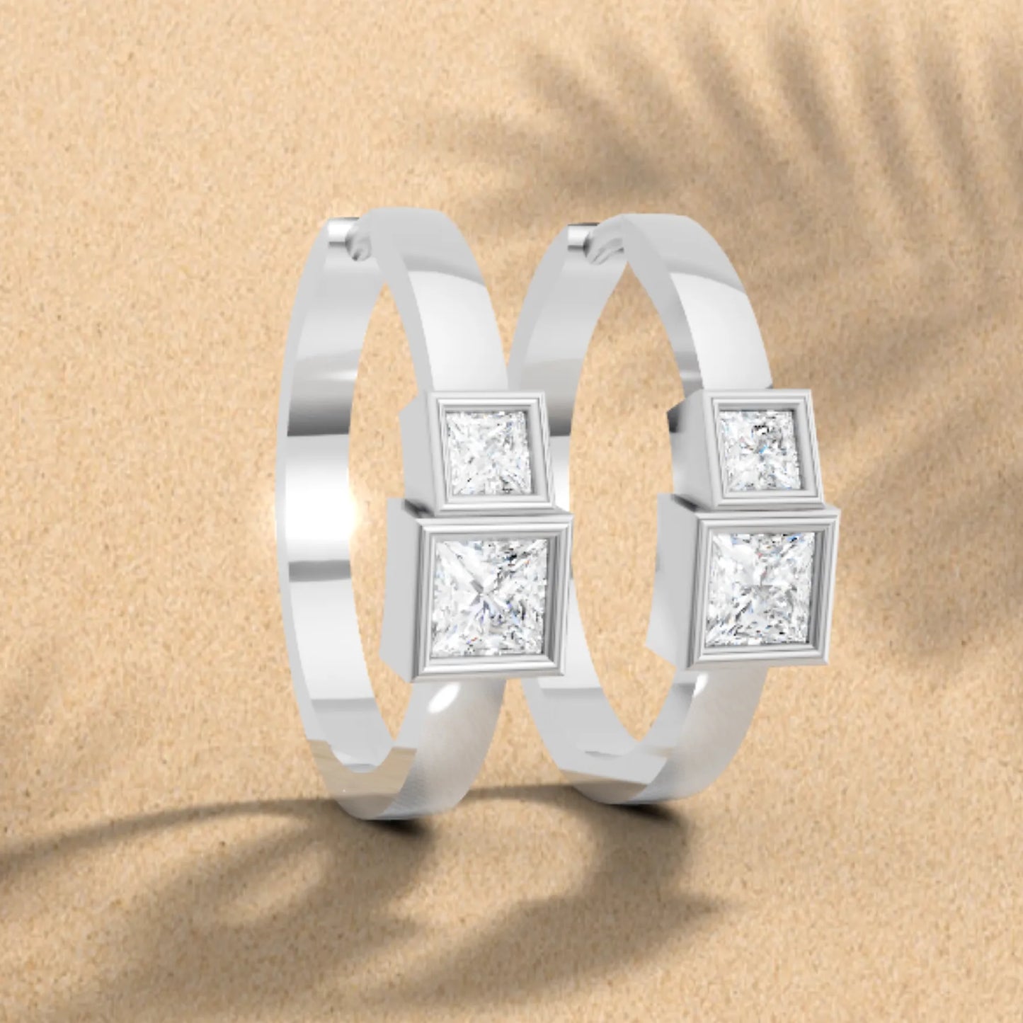 14K Gold Princess Cut Twin Diamond Minimalist Bezel Hoop Earring