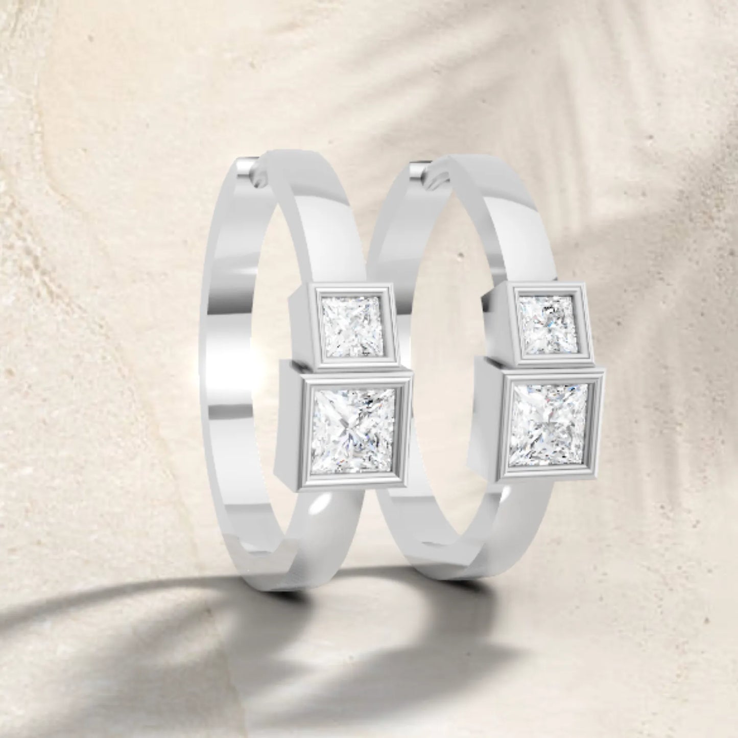 14K Gold Princess Cut Twin Diamond Minimalist Bezel Hoop Earring