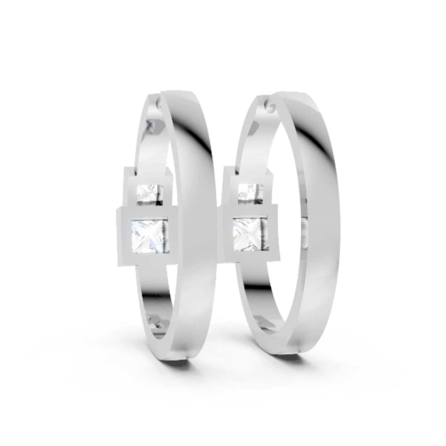 14K Gold Princess Cut Twin Diamond Minimalist Bezel Hoop Earring