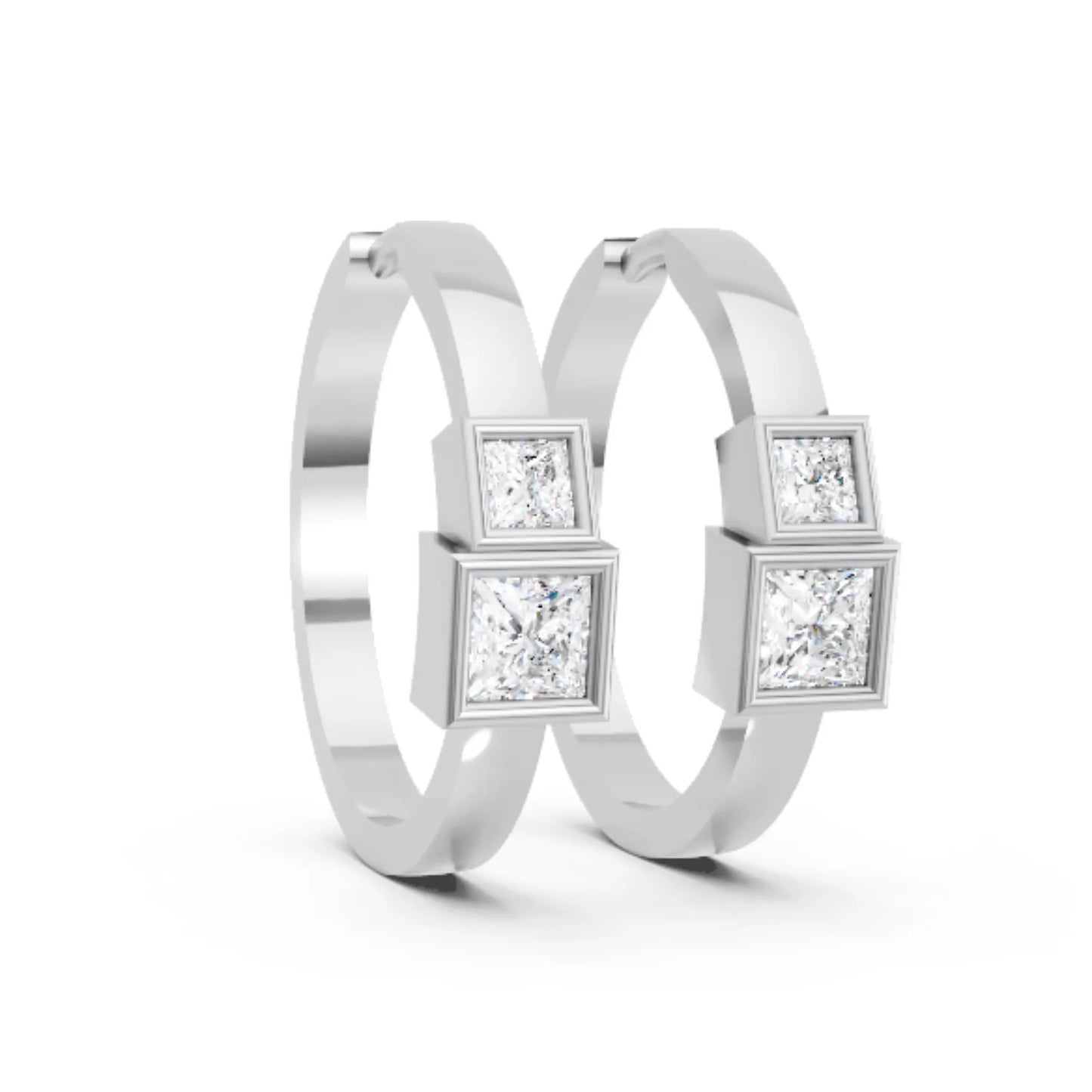14K Gold Princess Cut Twin Diamond Minimalist Bezel Hoop Earring