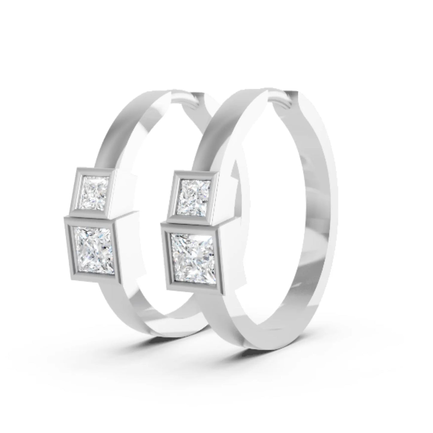 14K Gold Princess Cut Twin Diamond Minimalist Bezel Hoop Earring