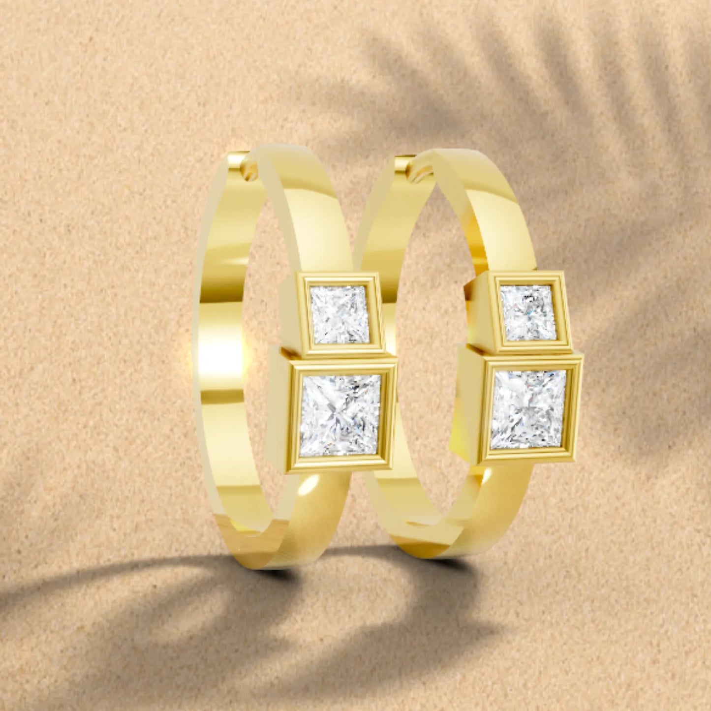 14K Gold Princess Cut Twin Diamond Minimalist Bezel Hoop Earring