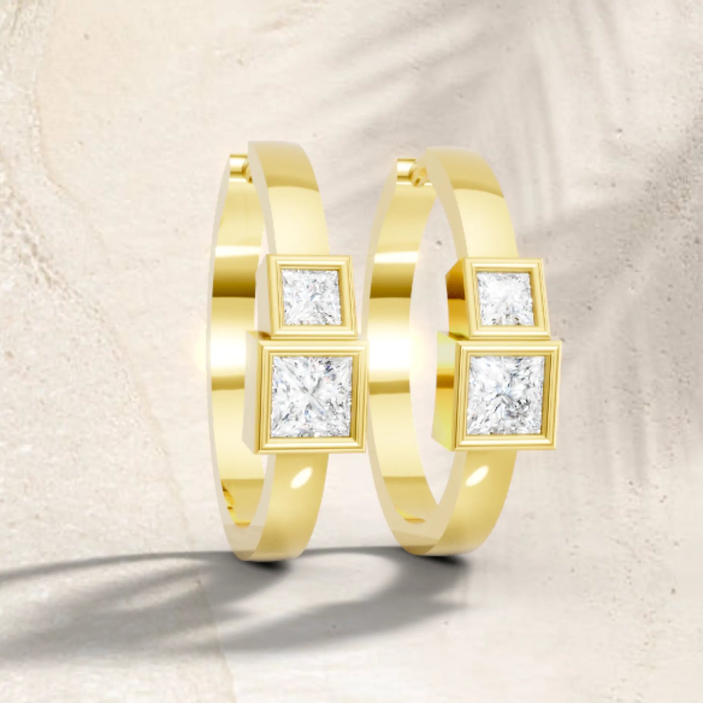 14K Gold Princess Cut Twin Diamond Minimalist Bezel Hoop Earring