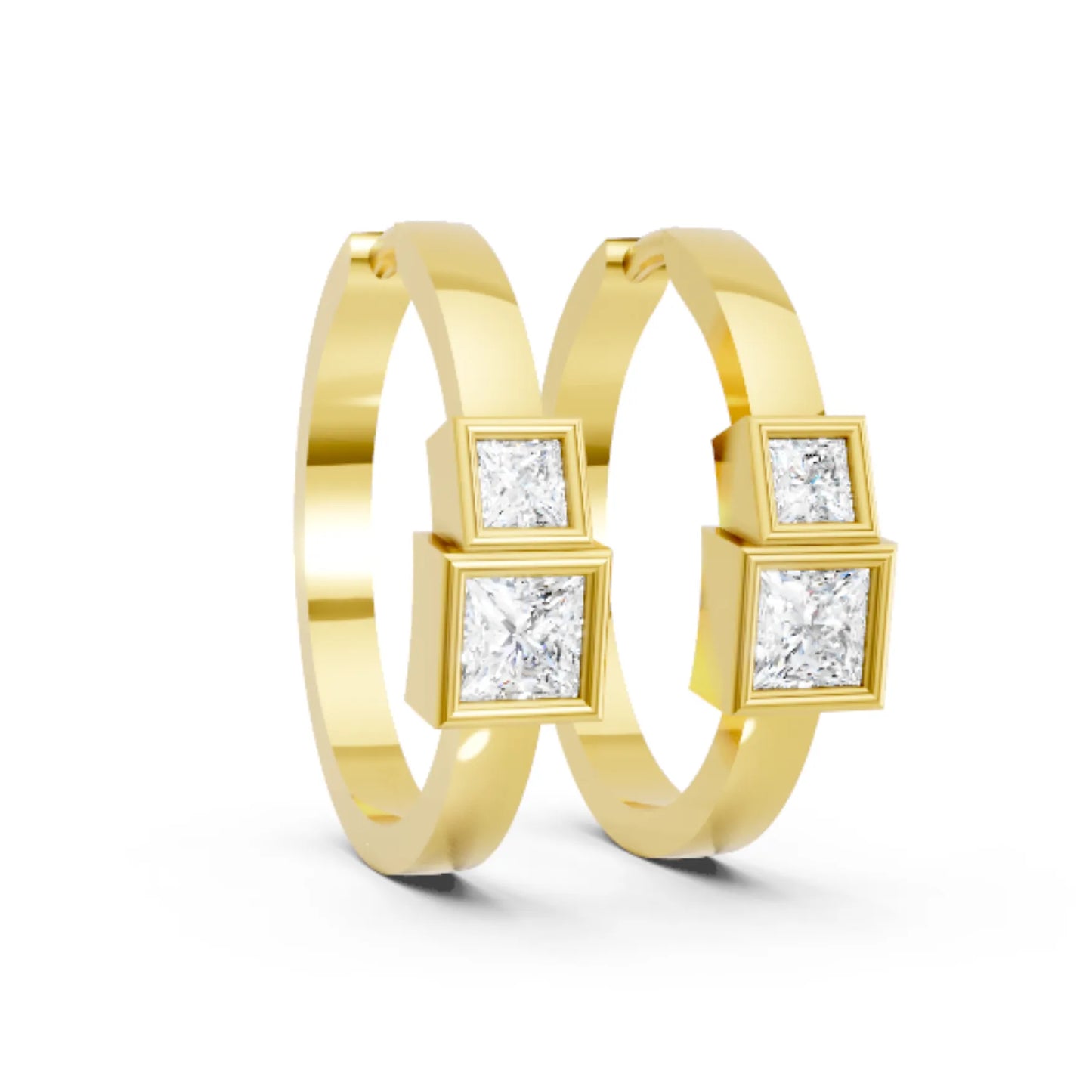 14K Gold Princess Cut Twin Diamond Minimalist Bezel Hoop Earring