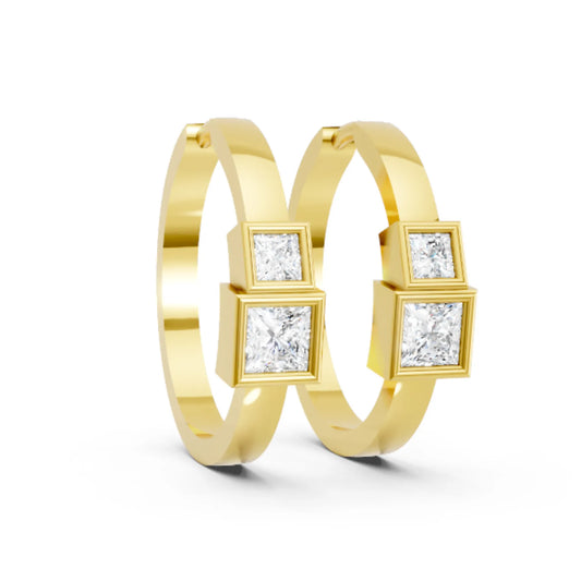 14K Gold Princess Cut Twin Diamond Minimalist Bezel Hoop Earring