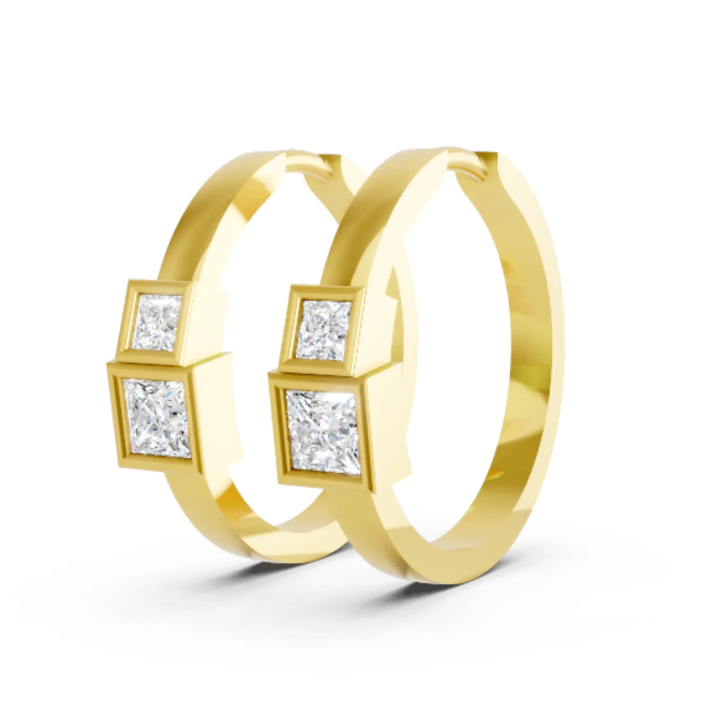 14K Gold Princess Cut Twin Diamond Minimalist Bezel Hoop Earring