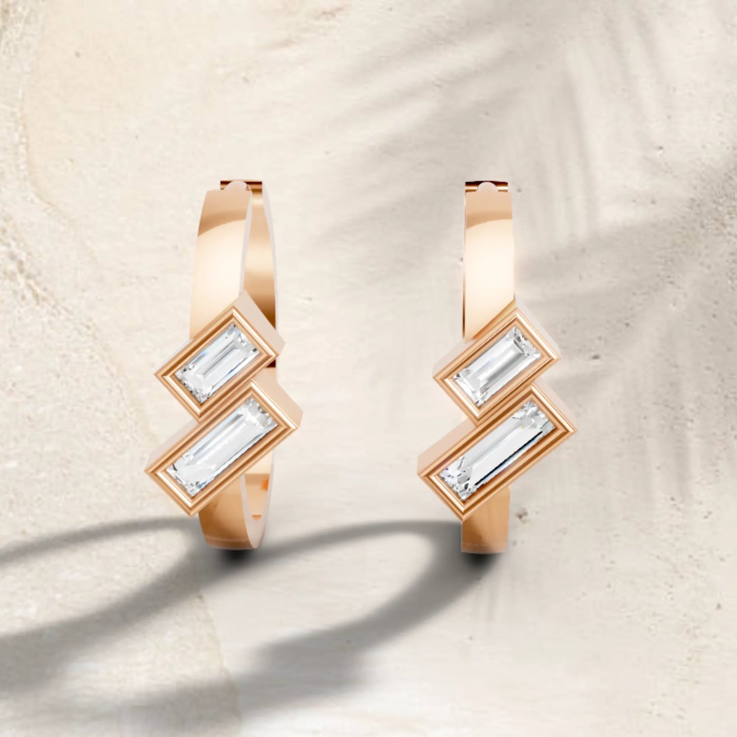 14K Gold Baguette Cut Dual Diamond Dainty Bezel Hoop Earring