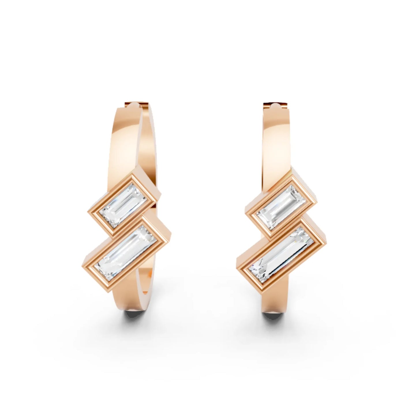 14K Gold Baguette Cut Dual Diamond Dainty Bezel Hoop Earring
