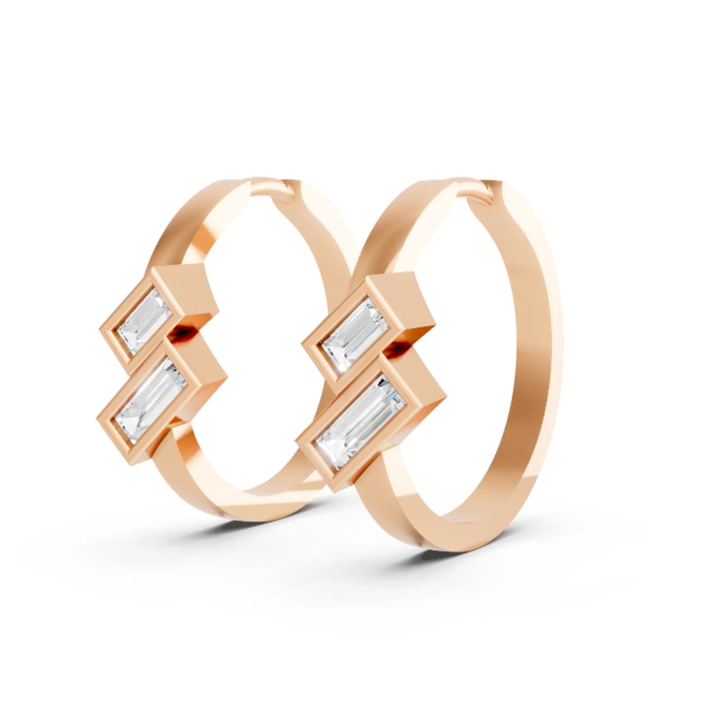 14K Gold Baguette Cut Dual Diamond Dainty Bezel Hoop Earring