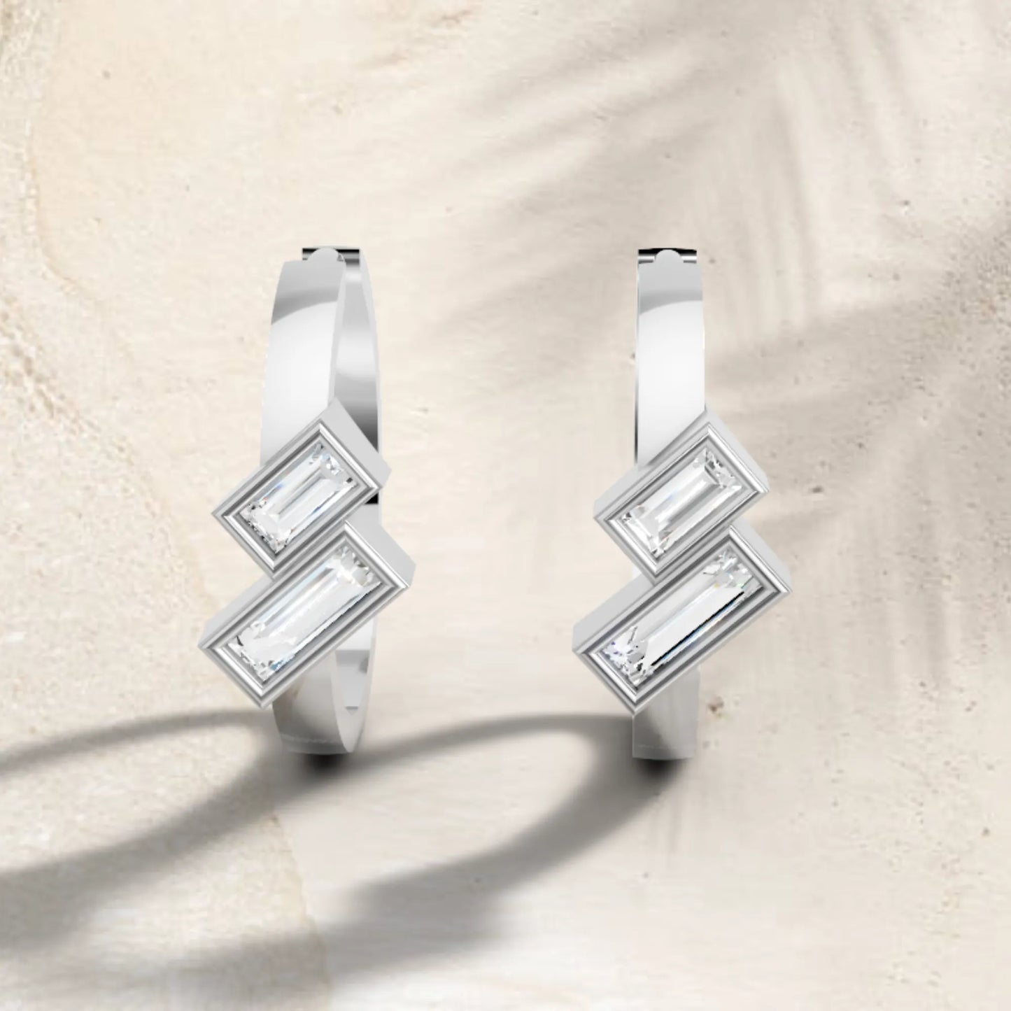 14K Gold Baguette Cut Dual Diamond Dainty Bezel Hoop Earring