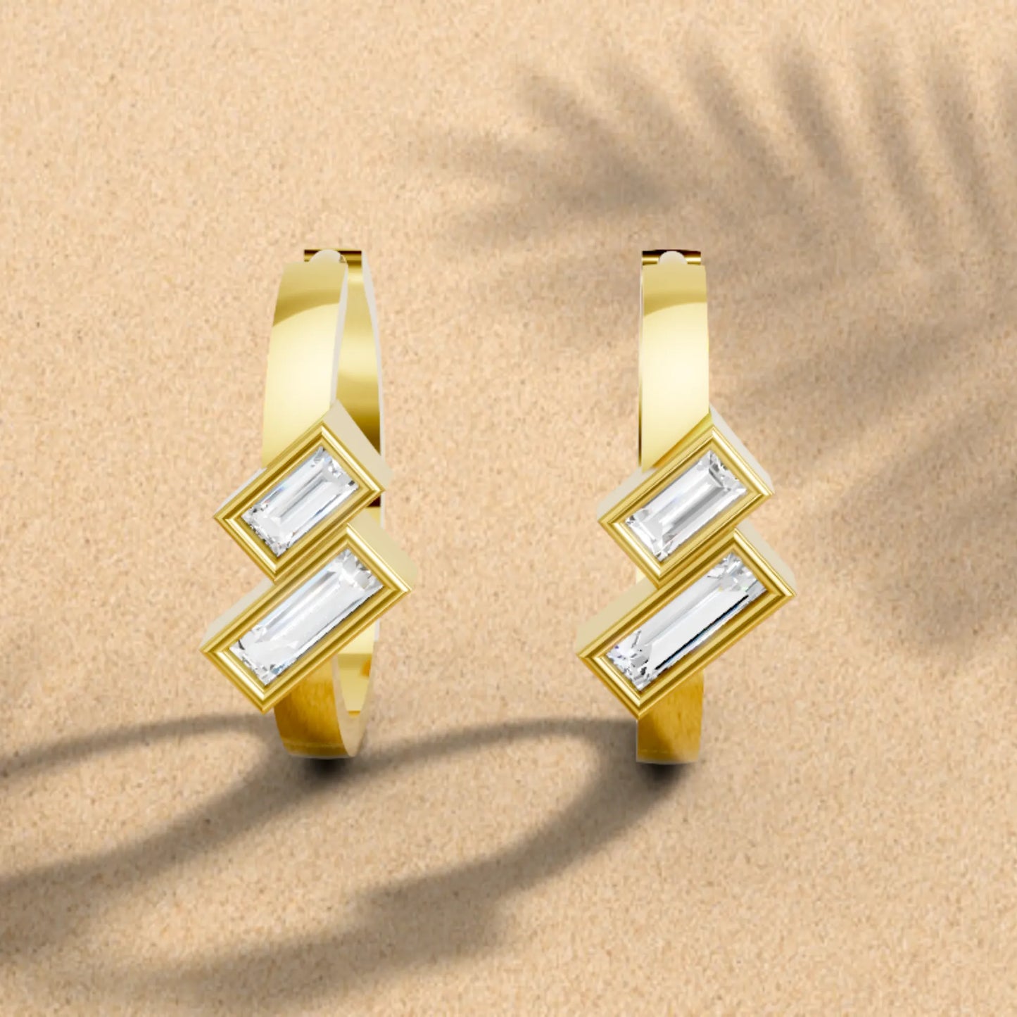 14K Gold Baguette Cut Dual Diamond Dainty Bezel Hoop Earring