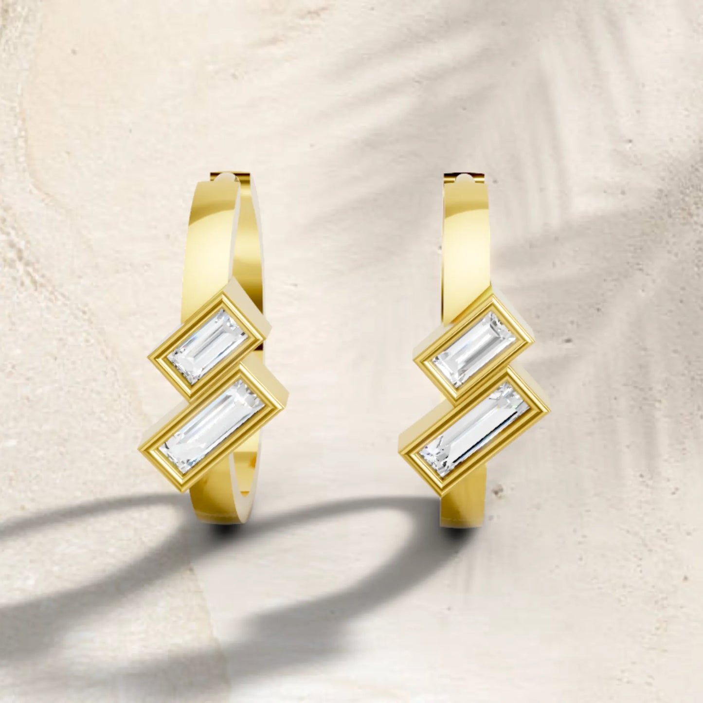 14K Gold Baguette Cut Dual Diamond Dainty Bezel Hoop Earring